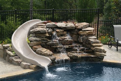 Natural Slide With Stacked Stone Waterfall Backyard Pool Building A