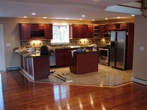 Kitchen grey modern kitchen cabinet white ceramic tile floor. Kitchen Cabinets and Flooring Combinations | hardwood vs ...