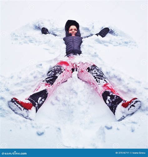 Happy Woman Making Snow Angel Stock Image Image Of Woman Happy
