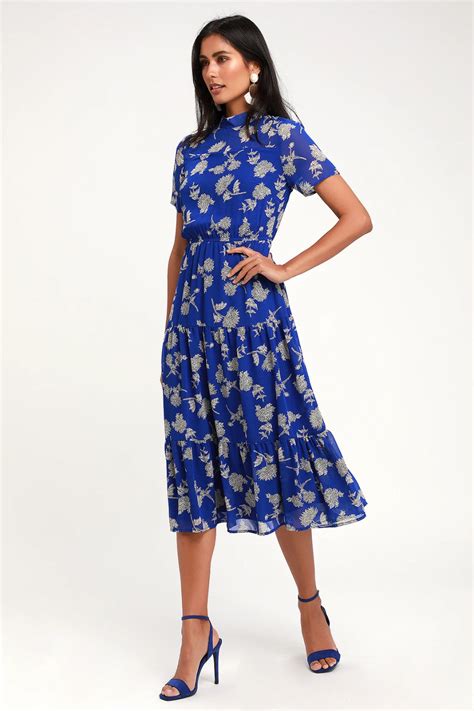 Floral Dressed Up Royal Blue Floral Print Midi Dress Midi Short