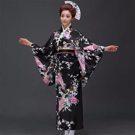 Black Peafowl Japanese Kimono Womens Polyester Satin