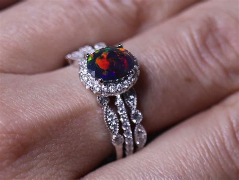 Black Opal Ring Opal Bridal Set Genuine Black Opal Opal Etsy Ireland