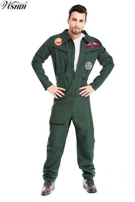 Mens Pilot Costume Male Aviator Wingman Jumpsuit Flight Suit Adult
