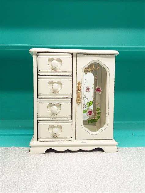 Shabby Chic Vintage Wooden Jewelry Box Painted Off White Etsy