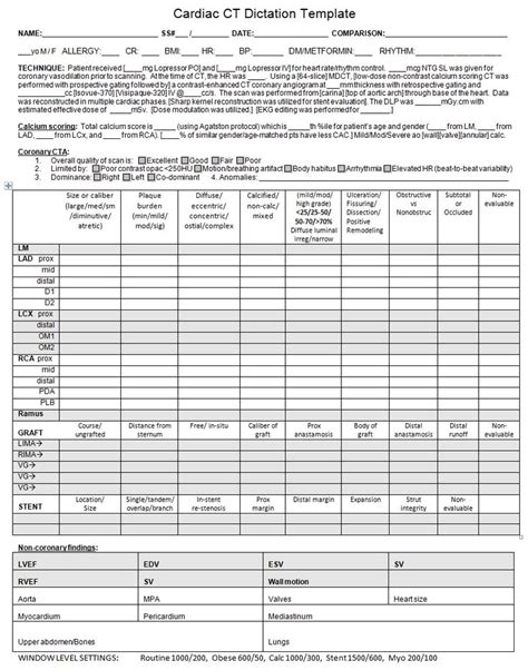 Cardiac Coronary Ct Dictation And Reporting Template Worksheet