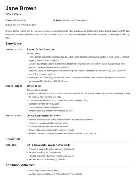 Nail that office clerk resume objective highlight the most desired office clerk skills, and start getting more interviews thanks to insider tips from hr pros and simple hacks! office clerk resume example template nanica | Job resume ...