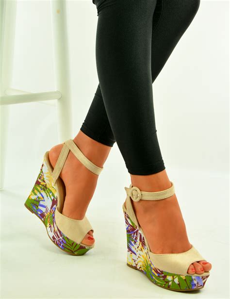 New Womens Floral Print Wedges Ladies Ankle Strap Sandals Summer Shoes
