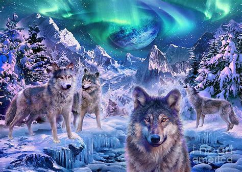 Wolfpack In Winter Predator Northern Lights Snow Painting Wolf