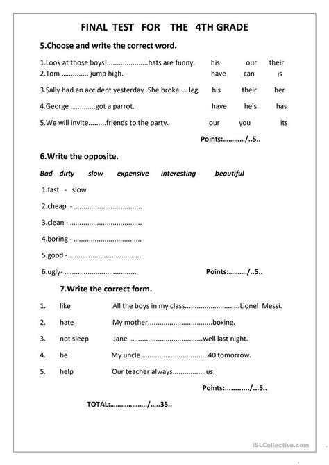 Final Test For The 4th Grade English Esl Worksheets For Distance