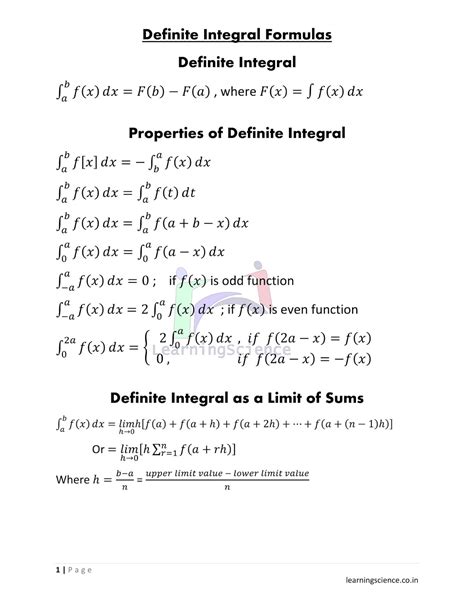 Definite Integral Formulas Solution