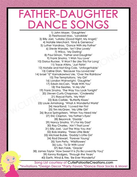 Free Printable List Of Top 40 Father Daughter Dance Songs For Bat