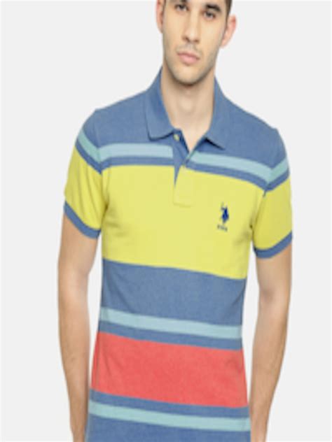 Buy Us Polo Assn Men Blue And Yellow Striped Polo Collar T Shirt Tshirts For Men 7024718 Myntra