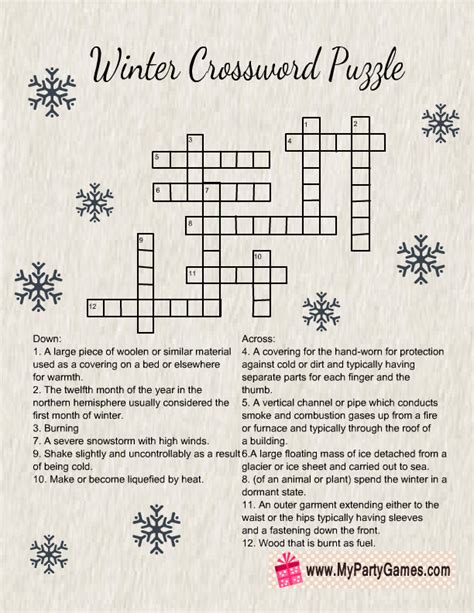 Winter Crossword Puzzle Intermediate My Printable Puzzles Printable