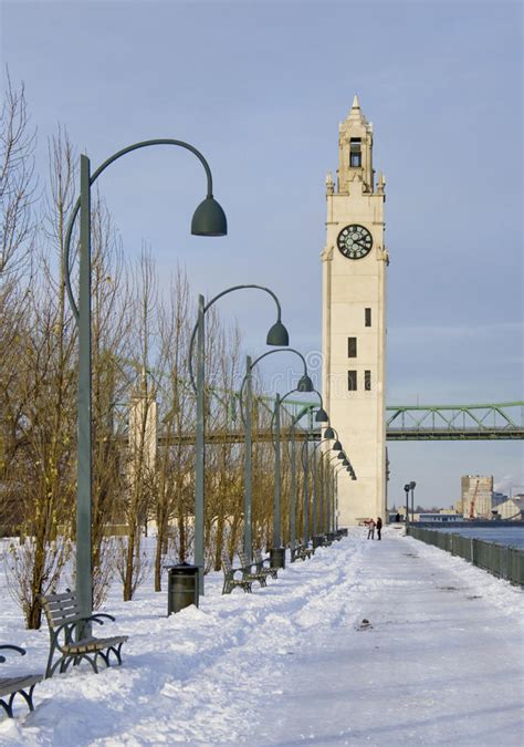 Winter Park By River Clock Tower Snow Montreal Stock Photo Image Of