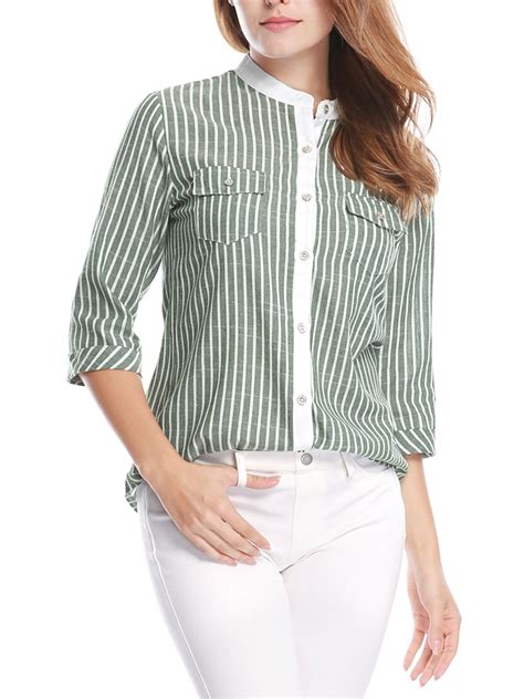 Unique Bargains Womens Cuffed 34 Sleeves Stand Collar Button Business Striped Shirt Blouse