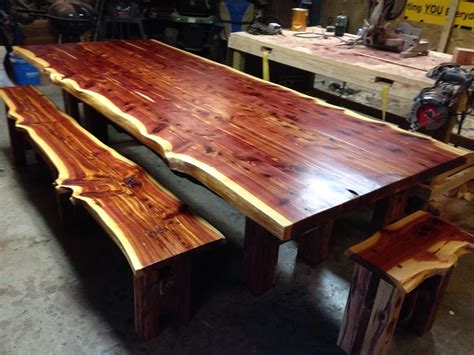 The table is finished with an outdoor urethane for a long life outdoors. Cedar Table Live Edge Table Cedar Dining Set Farm Table