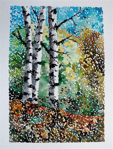 Original Watercolor Painting A Stippled Landscape By Pinetreeart 57
