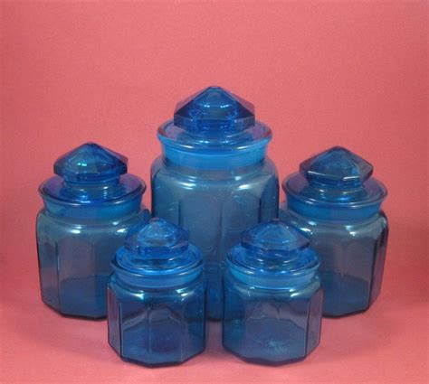 Set 5 Vintage Colonial Cobalt Blue Glass Apothecary L E Smith Canister Jars 1754141523