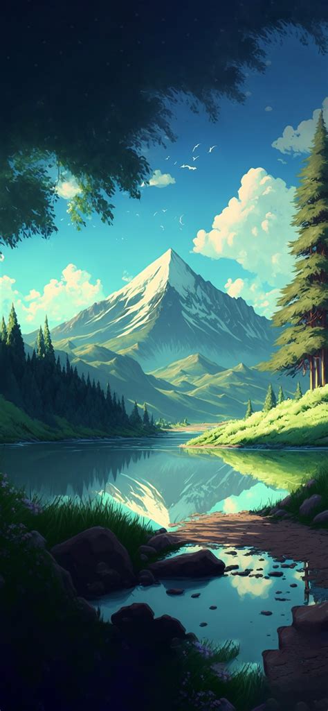Aesthetic Forest Lake And Mountain Anime Background Wallpapers