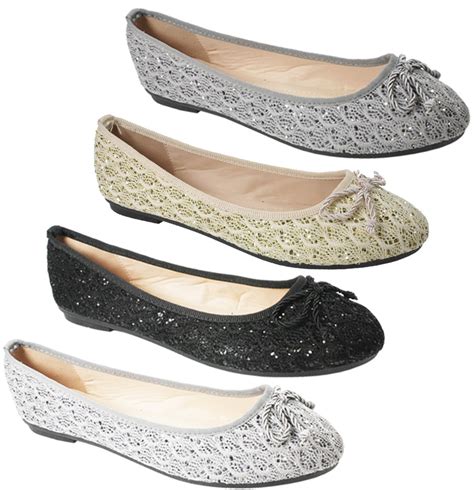 Ladies Womens Flat Pumps Glitter Ballet Ballerina Dolly Bridal Shoes