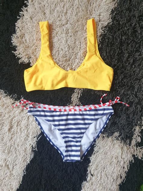 Reversible Two Piece Bikini Yellow Striped Swimsuit Womens