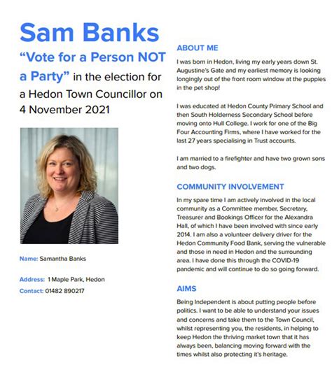 Sam Banks Candidate For Hedon Town Councillor 4 November 2021
