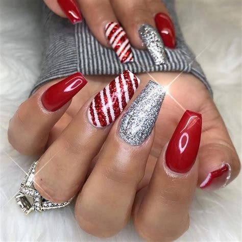 Cute Red Glitter Candy Cane Silver Glitter Holiday Christmas Nails Christmasnails