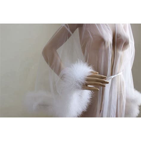 White Lingerie Giselle Snow White Sheer Robe With Fur Trim Etsy