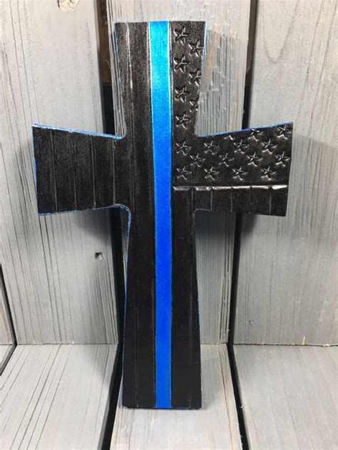 Items Similar To Thin Blue Line Leather Cross Blackout With Wood