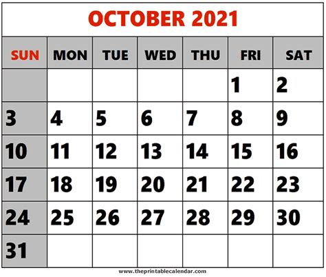 October 2021 Printable Calendars