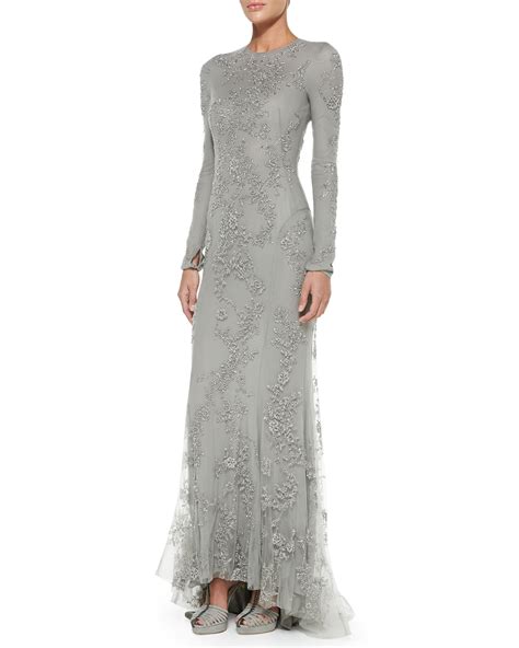 Ralph Lauren Collection Longsleeve Beaded Evening Gown In Gray Grey