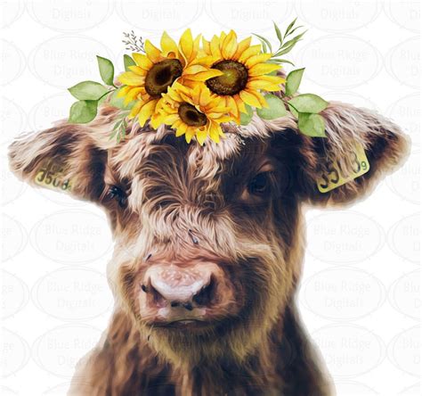 Cute Baby Cow With Sunflowers Png Sublimation Designs Highland Etsy