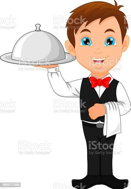 Cartoon Waitress Boy And A Plate Set Stock Illustration Download