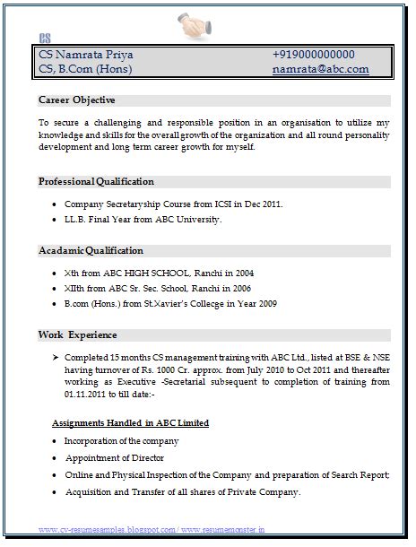 The cv format or the traditional resume format for professionals? Curriculum Vitae Samples For Company Secretary - CS ...
