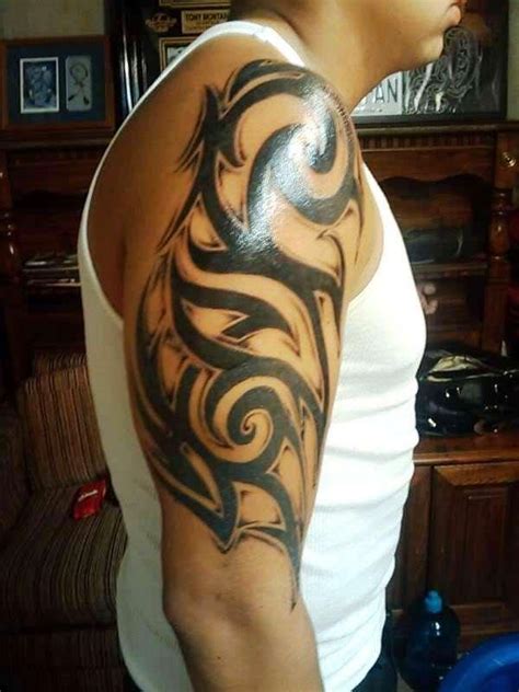 Black Ink Tribal Right Half Sleeve Tattoo For Men