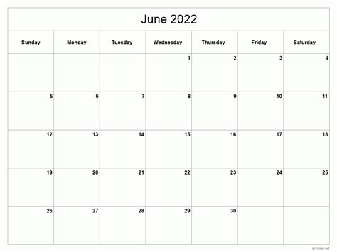 Printable June 2022 Calendar Classic Blank Sheet
