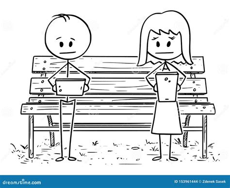 Vector Cartoon Of Couple Of Man And Woman Sitting On Park Bench Using