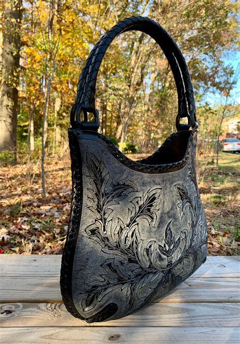 Hand Tooled Leather Purse Tooled Bag Large Black Hobo Miroslava By