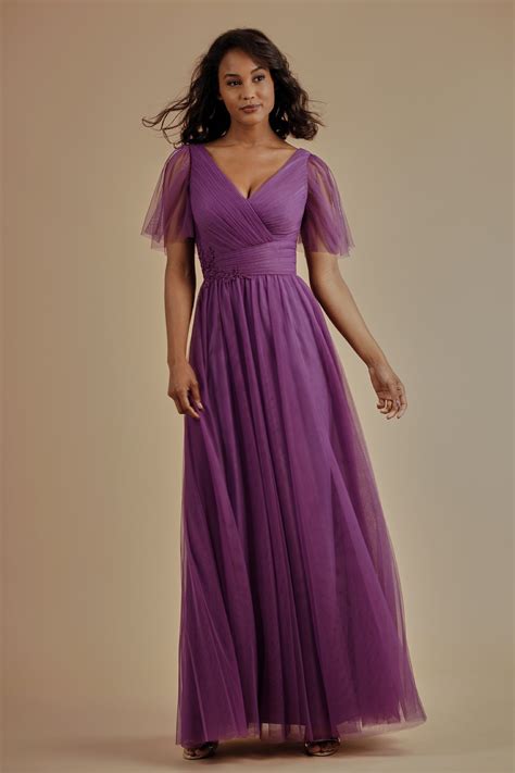 L214009 Soft Tulle Long Bridesmaid Dress With V Neckline