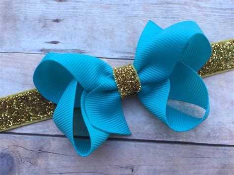 Turquoise Boutique Bow On Gold Glitter Headband Turquoise