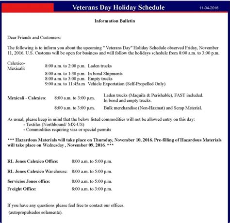 Calexico Veterans Day Holiday Schedule Rl Jones Customhouse Brokers