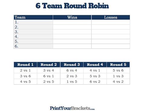 Printable 6 Team Round Robin Tournament Bracket League Schedule Team