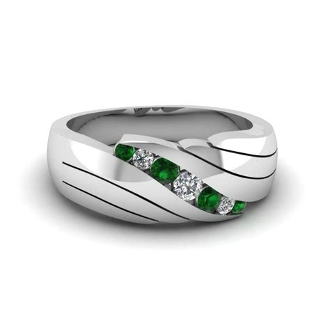 Channel Set Green Emerald Mens Wedding Ring In 14k White Gold Regarding Mens Wedding Bands Emerald 