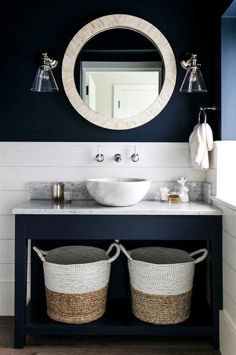 Navy Blue Washstand With Shiplap Wall Cottage Bathroom