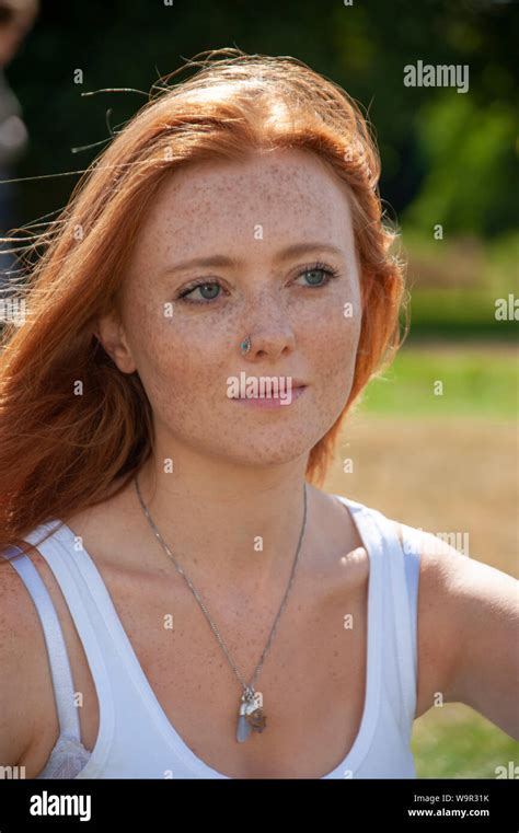 Tennage Girl Red Hair Freckles Hands Expressions Stock Photo Alamy