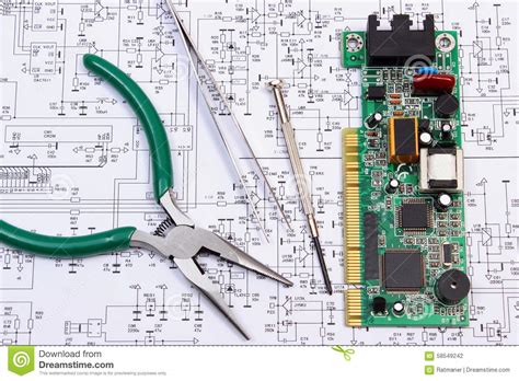 Printed Circuit Board And Precision Tools On Diagram Of