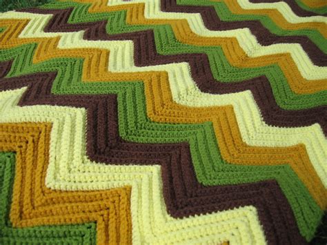 Vintage Crochet Afghan Blanket Zig Zag Pattern Green Brown