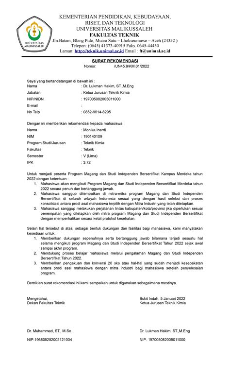 Format Surat Rekomendasi Magang Kampus Merdeka Unesa Jurusan Imagesee