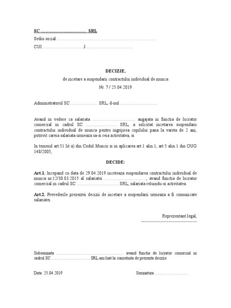 Model Cerere Suspendare Contract De Munca Crestere Copil 2020