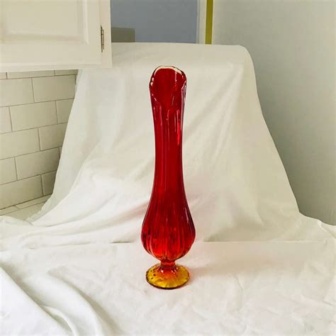 Vase Mid Century Modern Amberina Pedestal Vase Red And Yellow Glass 17 5 Tall Retro Mod Atomic